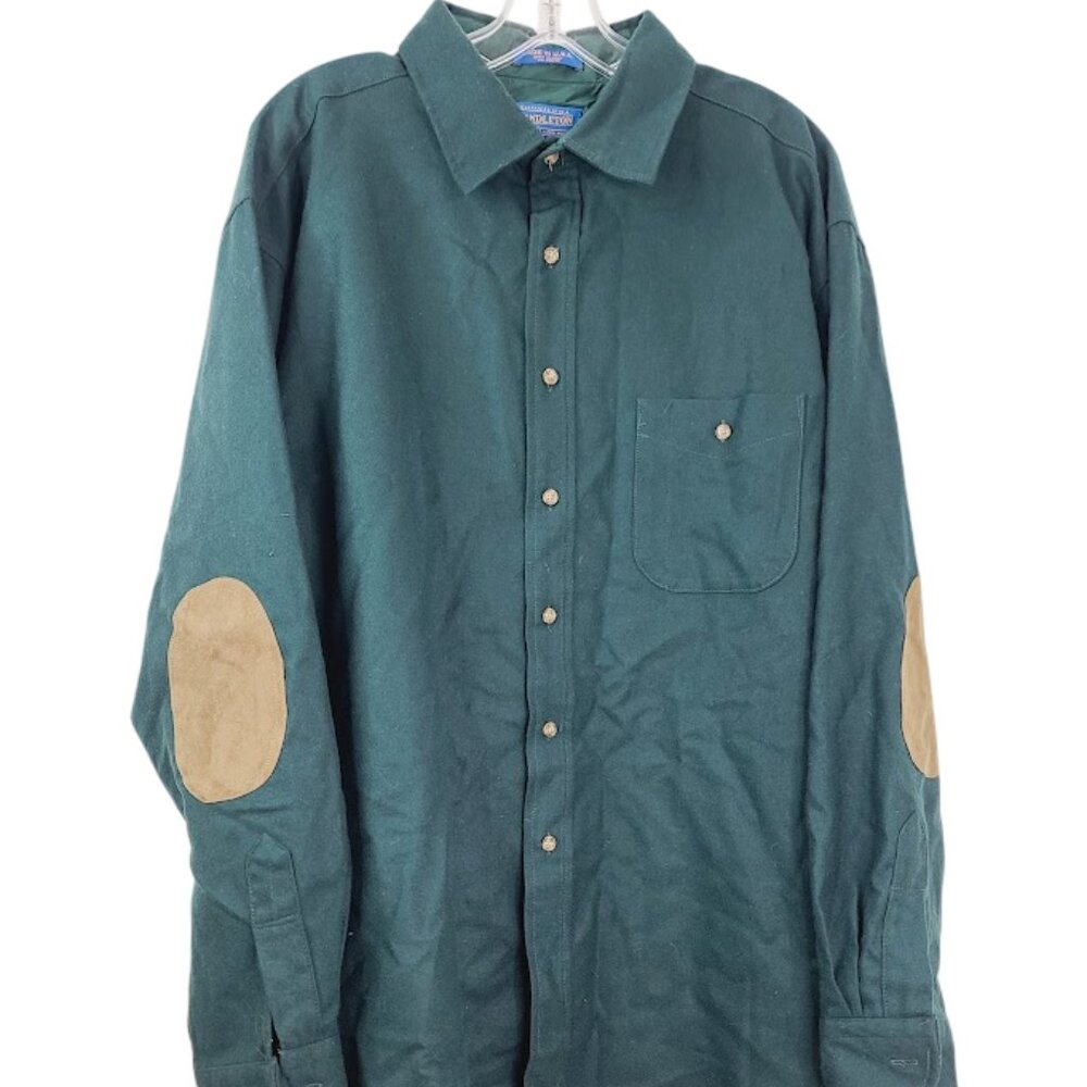 Pendleton‎ Men's Green Virgin Wool Leather Patch Button-Front Shirt Size XL